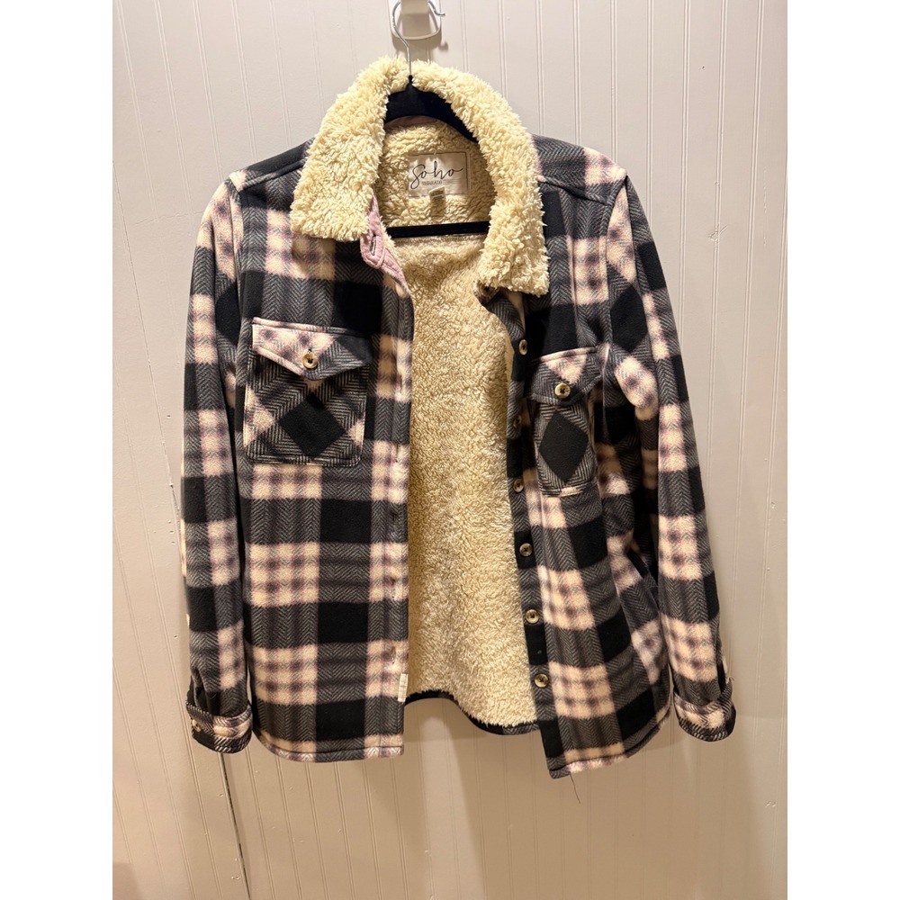 Soho Threads Womens Plaid Sherpa Lined Shacket Jacket Pink Black White Medium